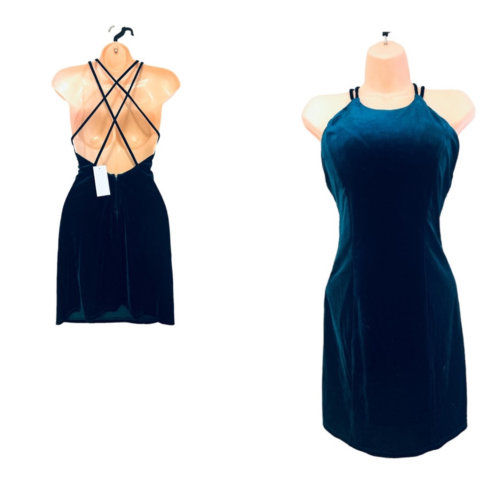DEAR MOON Velvet Teal Blue Stretch Strappy Cocktail Party Prom Short Mini Dress - Picture 14 of 14